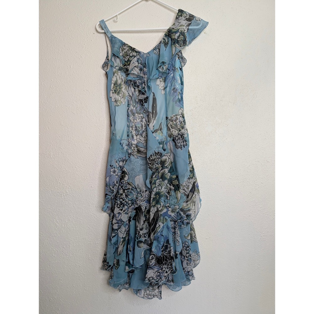 Womens Ruffle Floral Midi Dress Blue Asymmetrical Sequin Sheer Layered Fairy